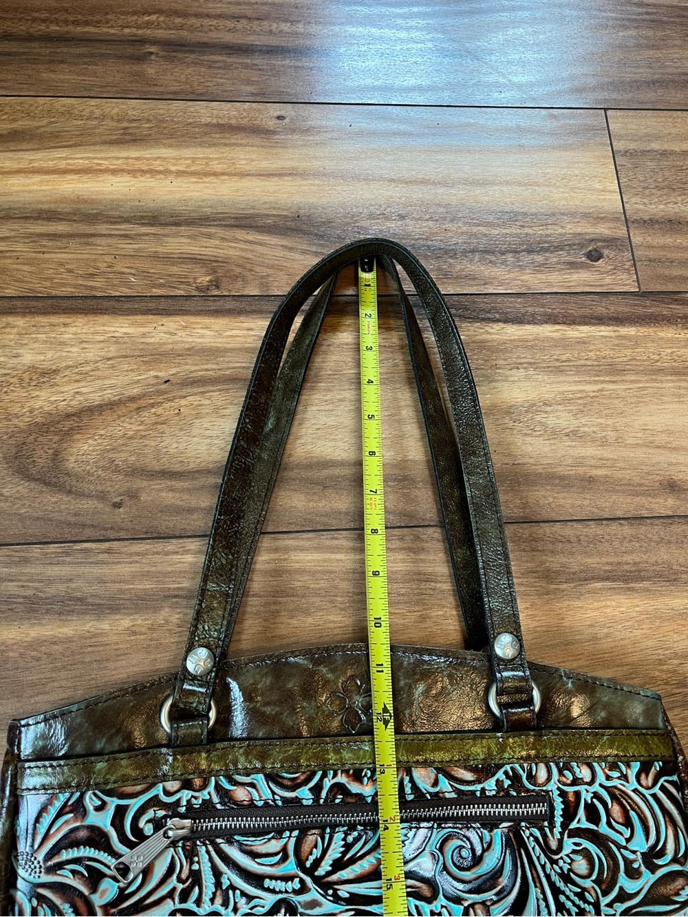 Patricia Nash “poppy” tooled leather turquoise teal shoulder bag tote purse - Picture 8 of 8